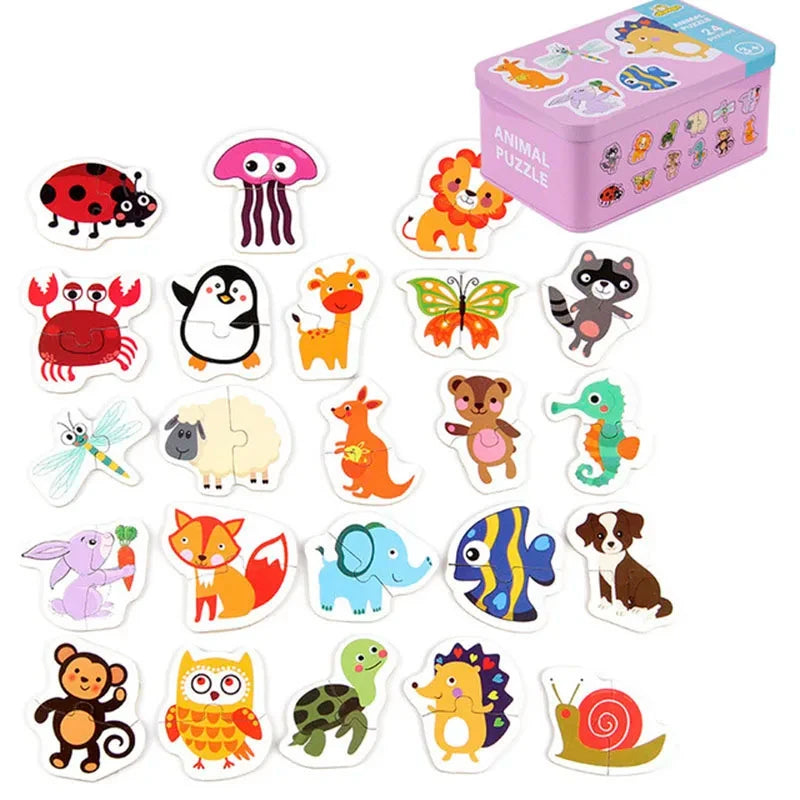 Montessori Baby Puzzle Educational Toys for Children 2 to 4 Age Toddler 3D Wooden Jigsaw Puzzles Kids Iron Box Puzzle Games Toys