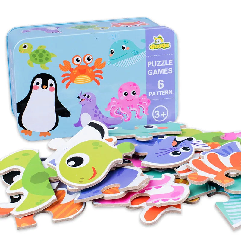 Montessori Baby Puzzle Educational Toys for Children 2 to 4 Age Toddler 3D Wooden Jigsaw Puzzles Kids Iron Box Puzzle Games Toys