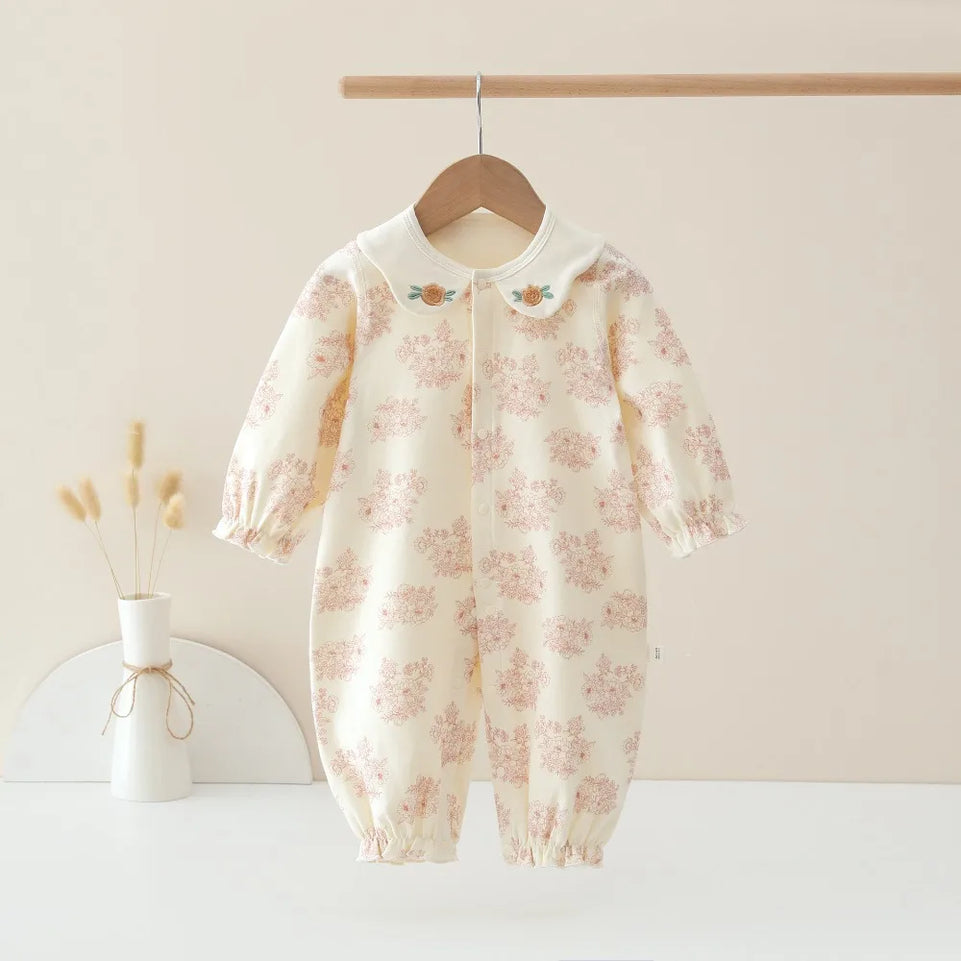 Spring and Autumn Baby Pure Cotton Velvet Jumpsuit with Plant Pattern Printed Baby Girl Clothing High Quality Baby Girl Clothing